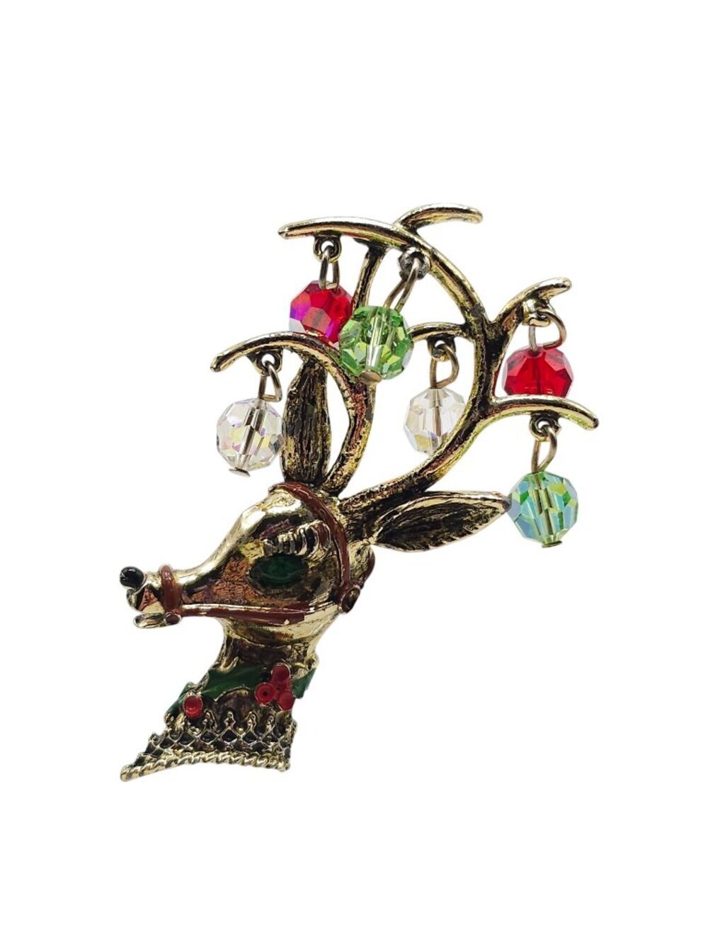 Vintage Reindeer Christmas Brooch Pin With Dangling Beads Enamel Detail